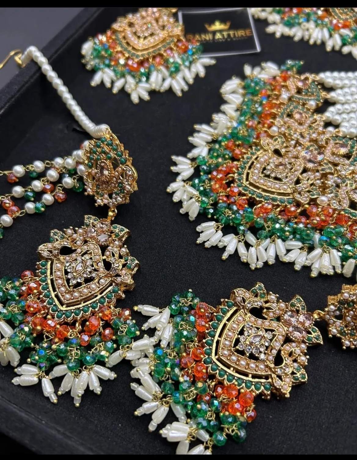 Orange & Green coloured necklace set, with heavily beaded earrings & tikka