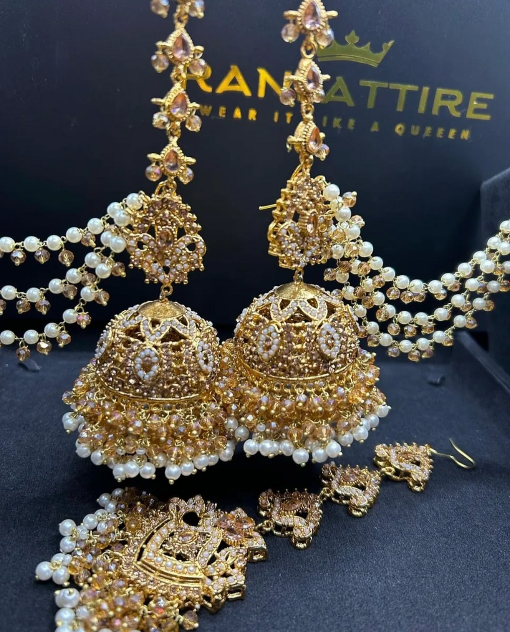 Gold Jhumkes & Tikka with beaded Saharas - Jewelsbyrani