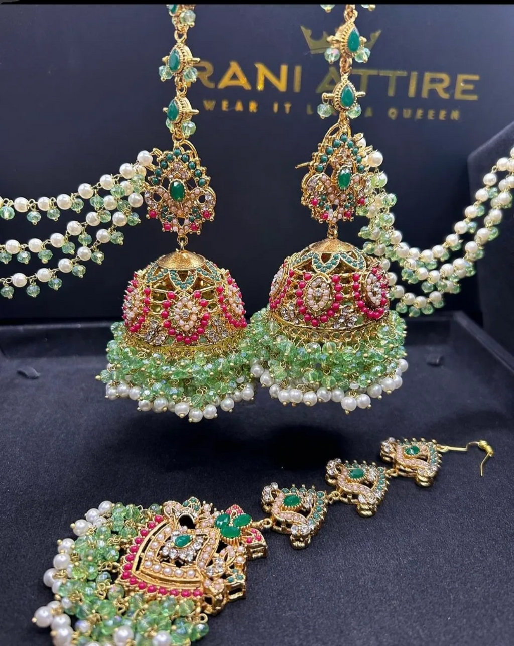 Lime Jhumkes & Tikka Set with Beaded Saharas - Jewelsbyrani