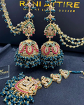 Dark Green Jhumkes and Tikka with Beaded Saharas. - Jewelsbyrani