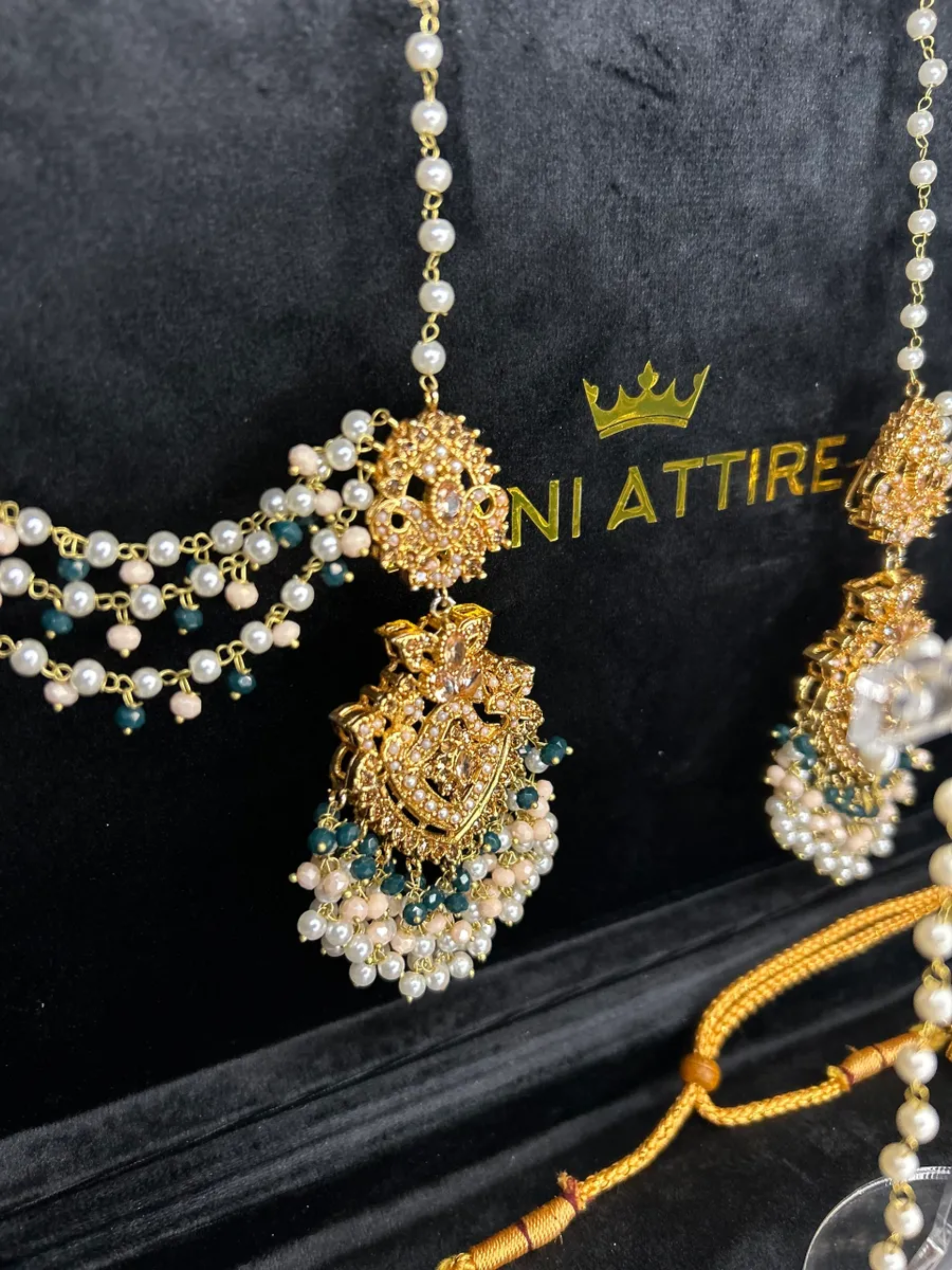 Cream & Green Necklace set, with heavily beaded earrings & tikka.