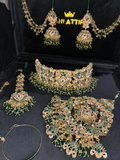 Green & Gold choker set, with heavily beaded earrings & tikka. - Jewelsbyrani