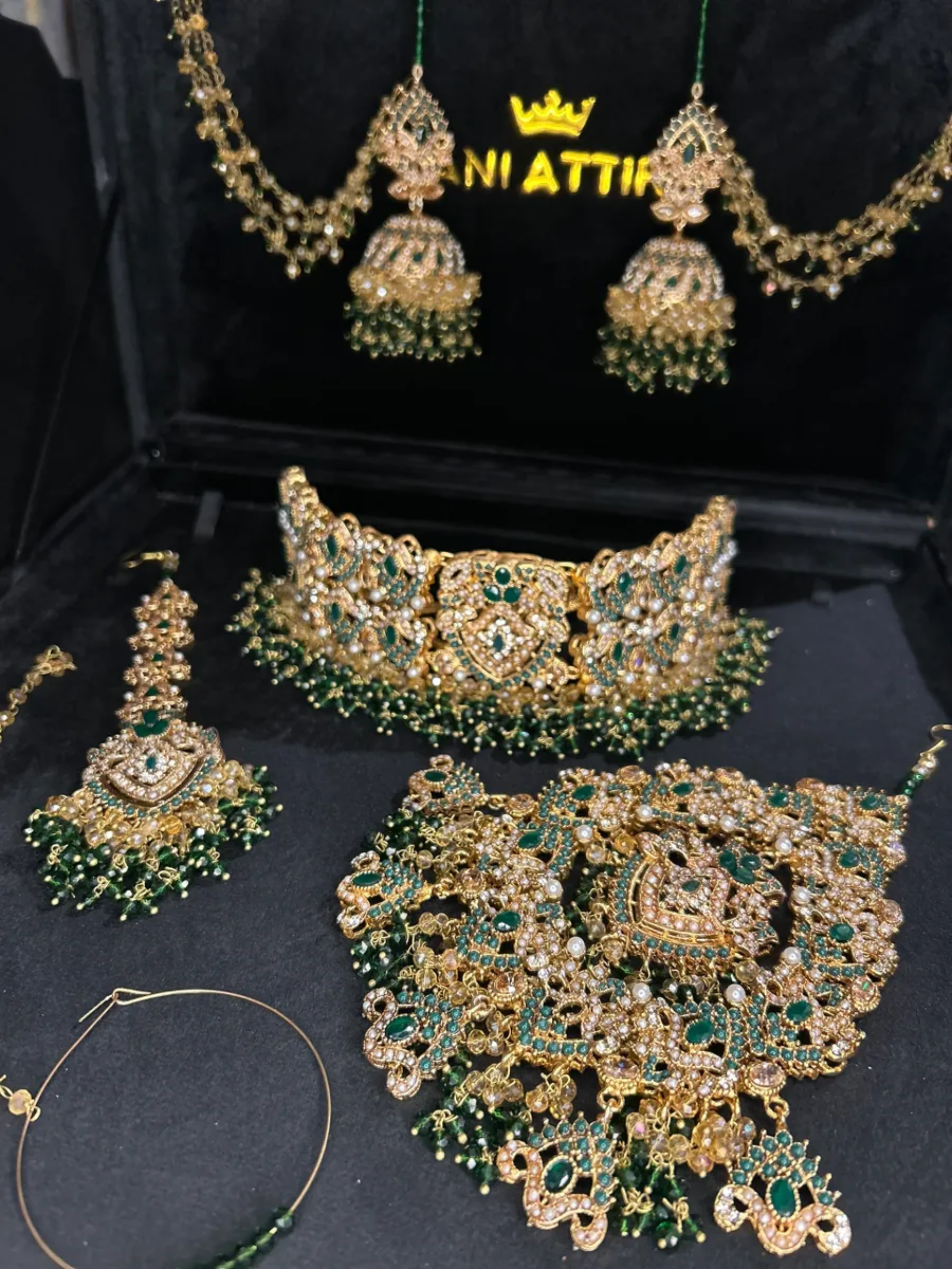 Green & Gold choker set, with heavily beaded earrings & tikka.
