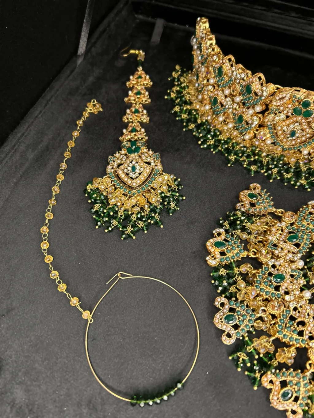 Green & Gold choker set, with heavily beaded earrings & tikka. - Jewelsbyrani