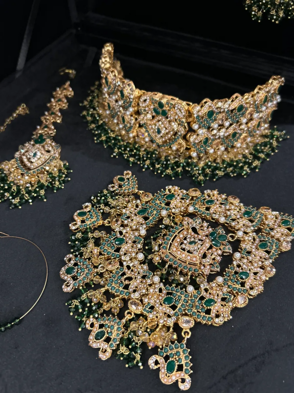 Green & Gold choker set, with heavily beaded earrings & tikka. - Jewelsbyrani
