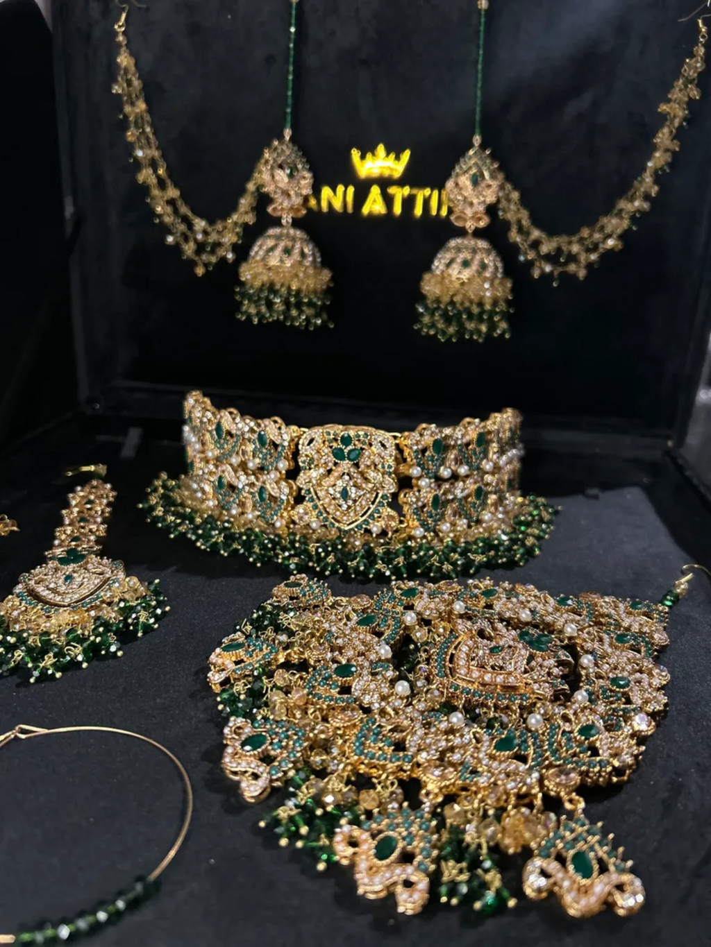 Green & Gold choker set, with heavily beaded earrings & tikka. - Jewelsbyrani