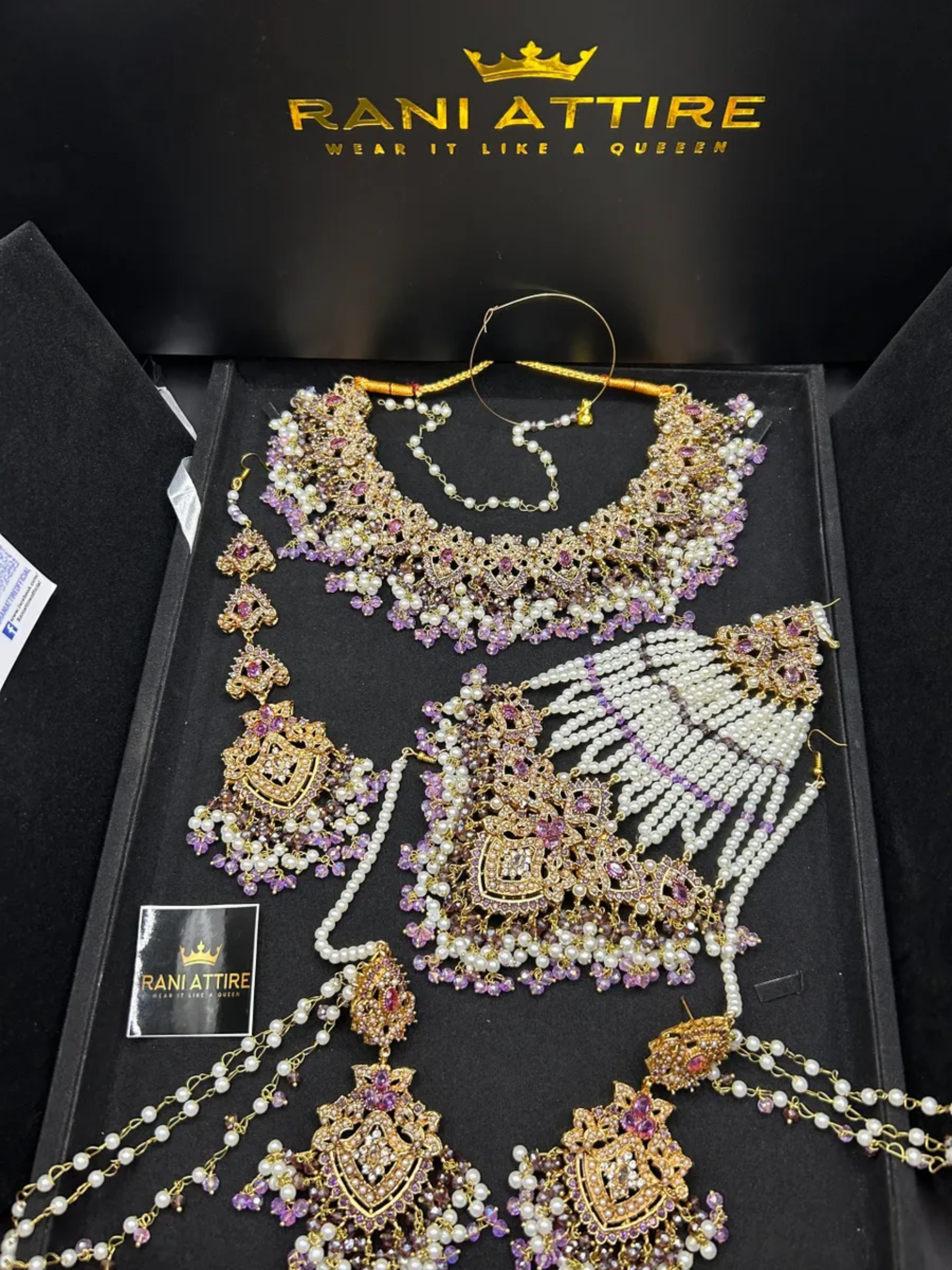 Lilac Multi coloured necklace set, with heavily beaded earrings & tikka