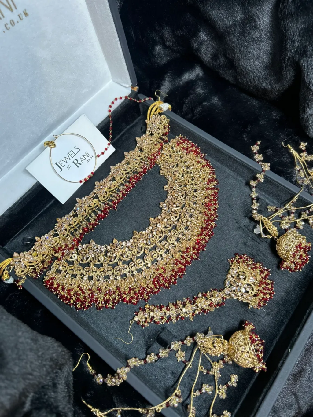 Pre Order: 6 Weeks - Gold & Deep Red set, with heavily beaded earrings & tikka. - Jewelsbyrani