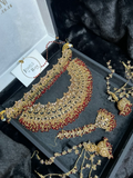 Pre Order: 6 Weeks - Gold & Deep Red set, with heavily beaded earrings & tikka. - Jewelsbyrani