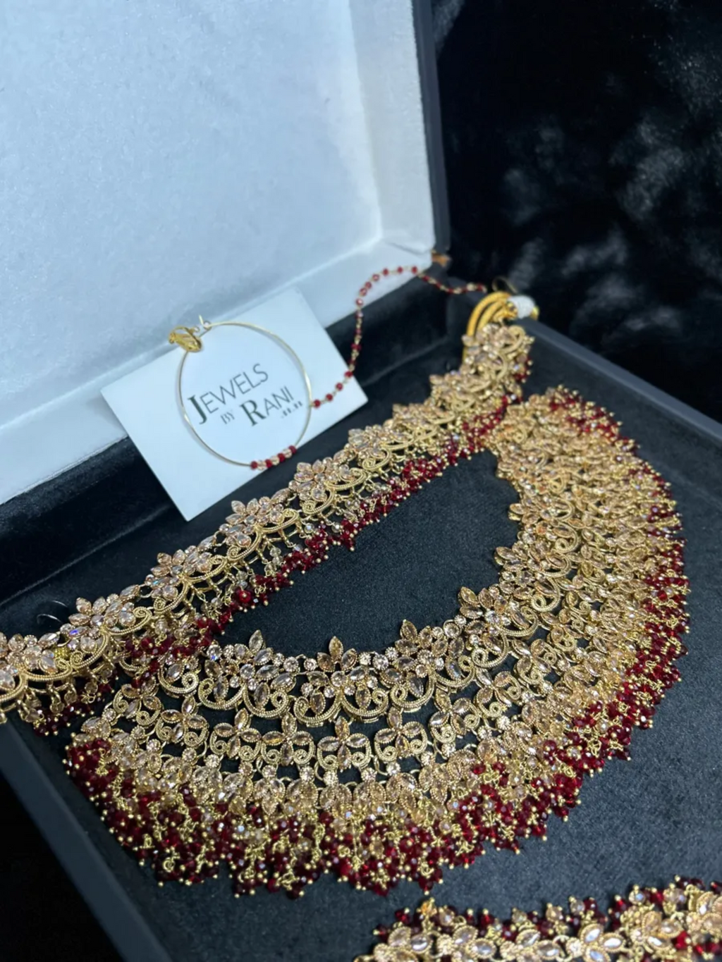 Pre Order: 6 Weeks - Gold & Deep Red set, with heavily beaded earrings & tikka. - Jewelsbyrani