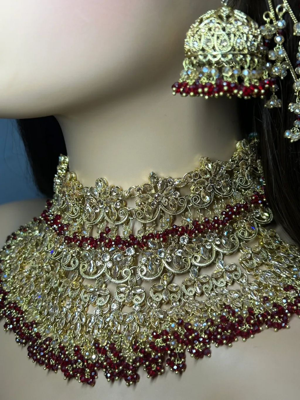 Pre Order: 6 Weeks - Gold & Deep Red set, with heavily beaded earrings & tikka. - Jewelsbyrani