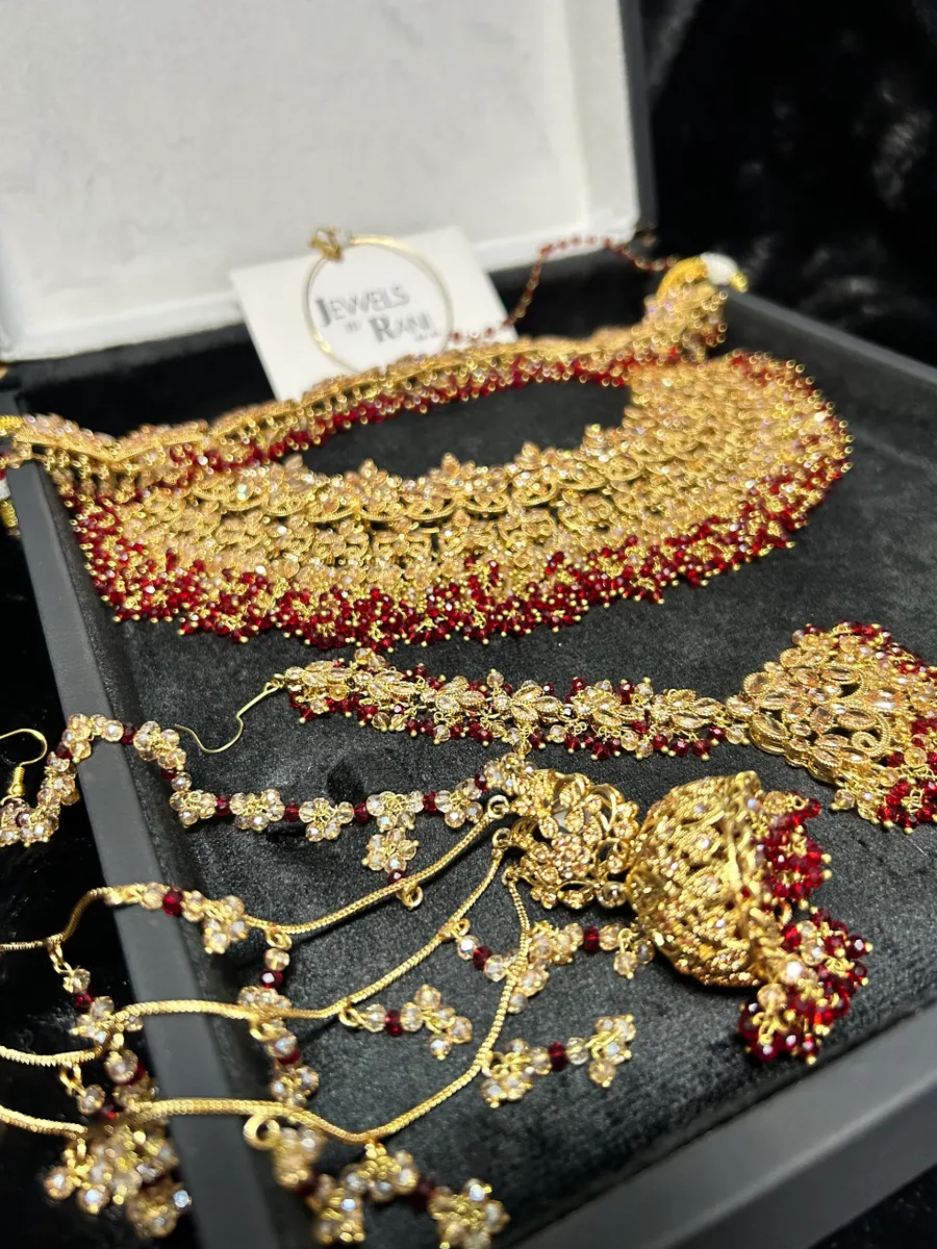 Pre Order: 6 Weeks - Gold & Deep Red set, with heavily beaded earrings & tikka. - Jewelsbyrani