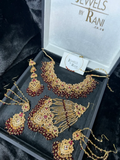 Beautiful Gold & Maroon Pakistani Bridal set, with heavily beaded earrings & tikka. - Jewelsbyrani