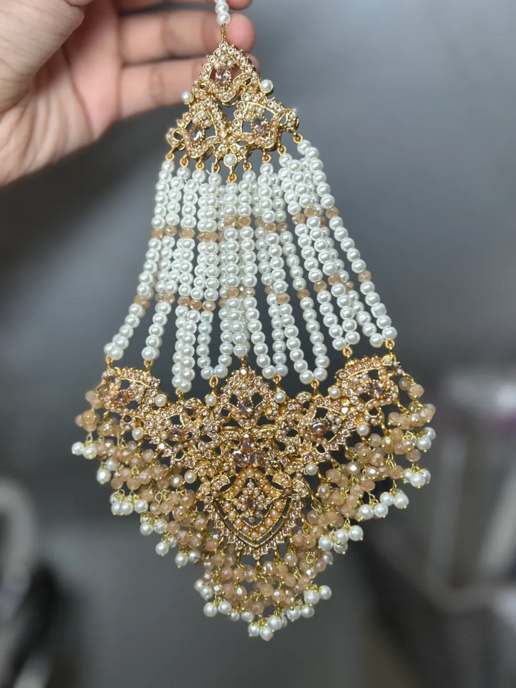 Ivory/gold & White Multi Coloured heavily beaded jhumar - Jewelsbyrani