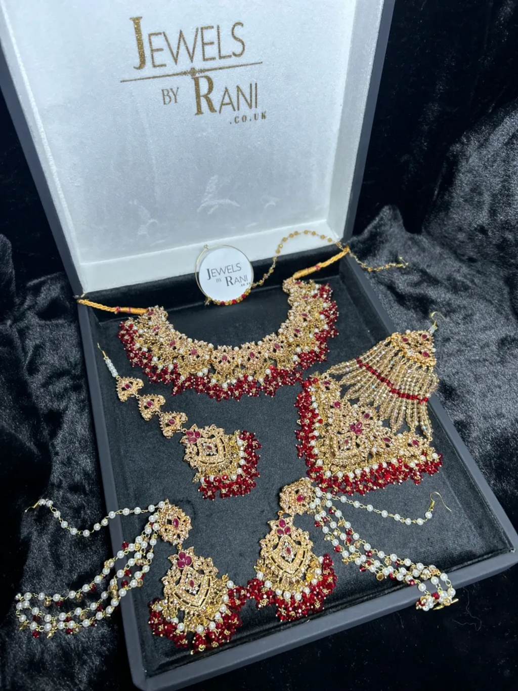 Gold, Deep Red & white set Bridal Jewellery Set with heavily beaded earrings & tikka. - Jewelsbyrani