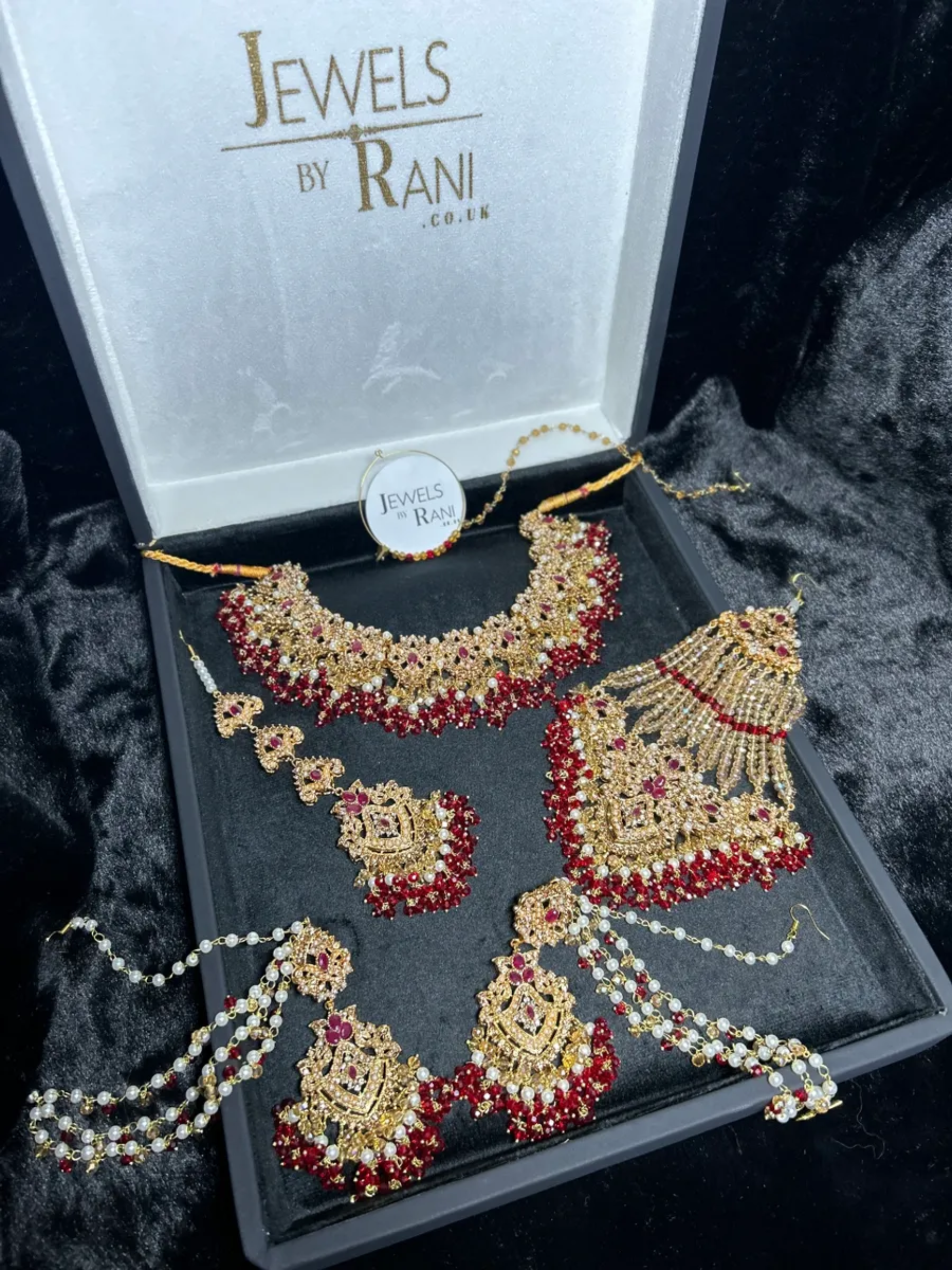 Gold, Deep Red & white set Bridal Jewellery Set with heavily beaded earrings & tikka. - Jewelsbyrani