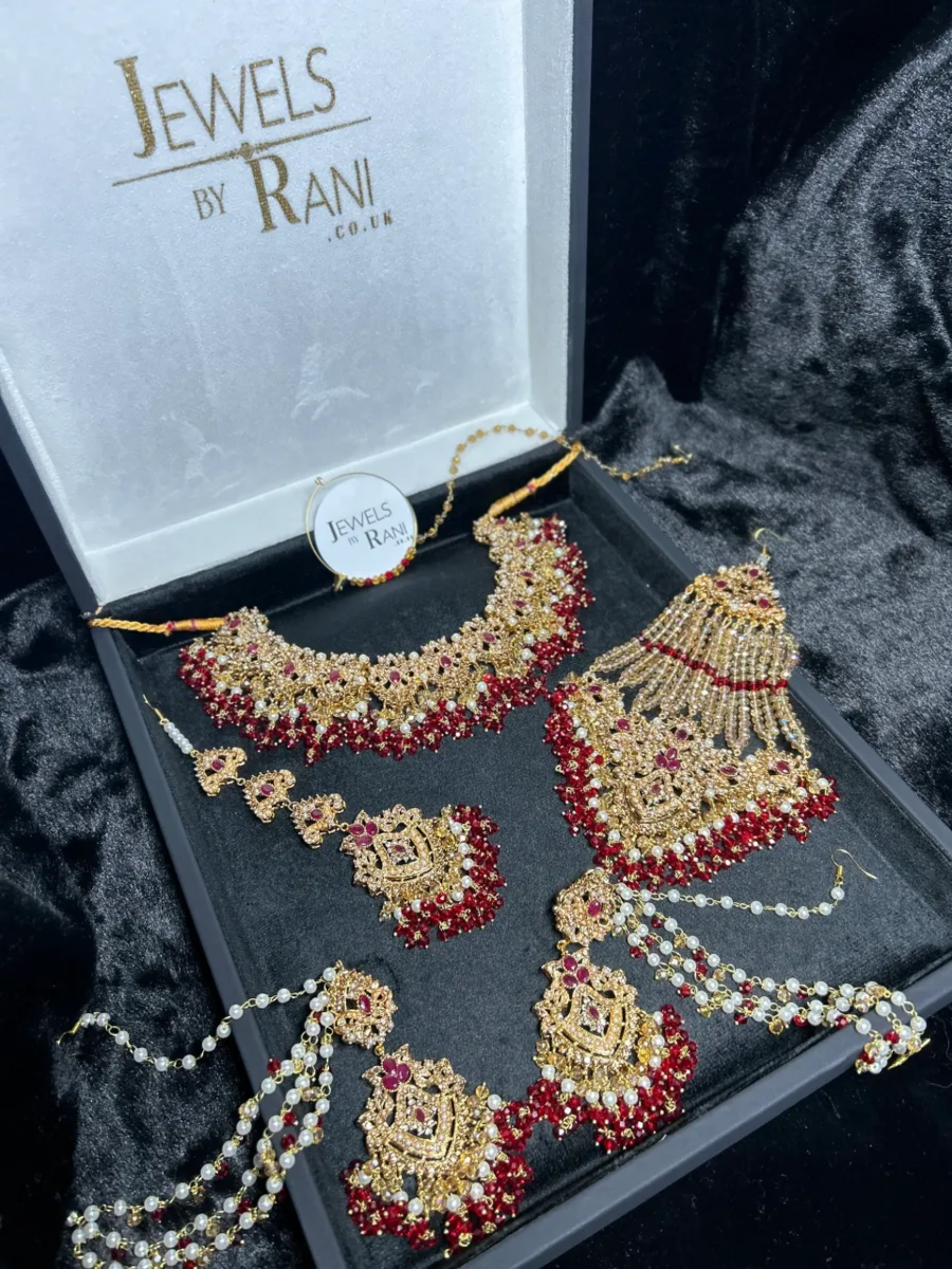 Gold, Deep Red & white set Bridal Jewellery Set with heavily beaded earrings & tikka. - Jewelsbyrani