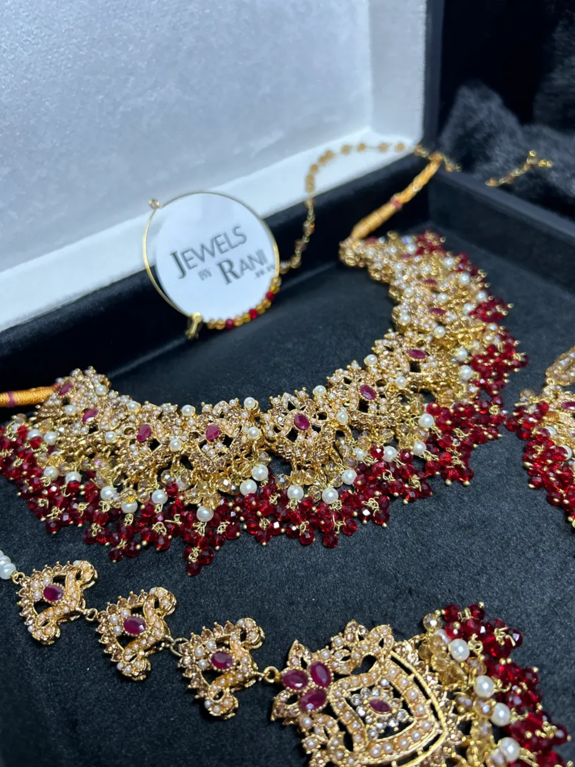 Gold, Deep Red & white set Bridal Jewellery Set with heavily beaded earrings & tikka. - Jewelsbyrani