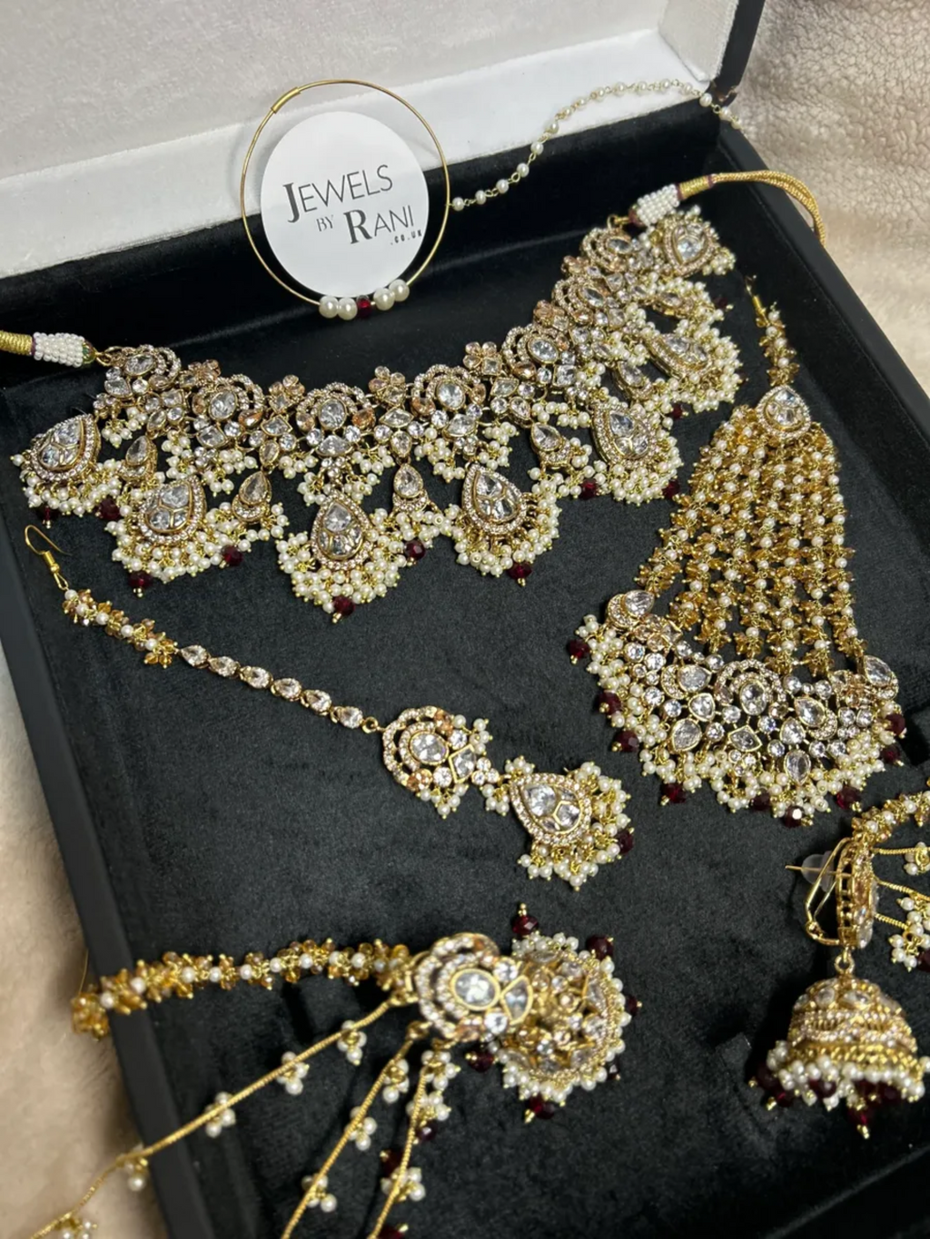 Pre Order 6 Weeks - Beautiful Maroon, Pearly White & Gold 24 crt Gold Plated Bridal Jewellery Set - Jewelsbyrani
