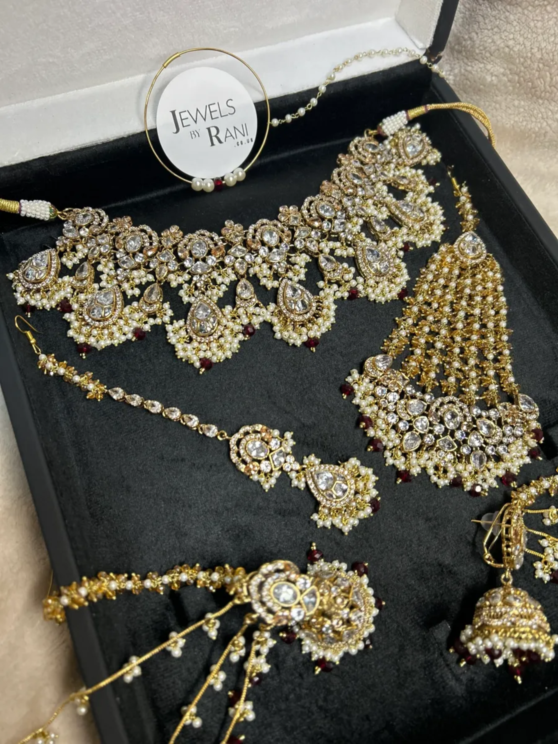 Pre Order 6 Weeks - Beautiful Maroon, Pearly White & Gold 24 crt Gold Plated Bridal Jewellery Set - Jewelsbyrani