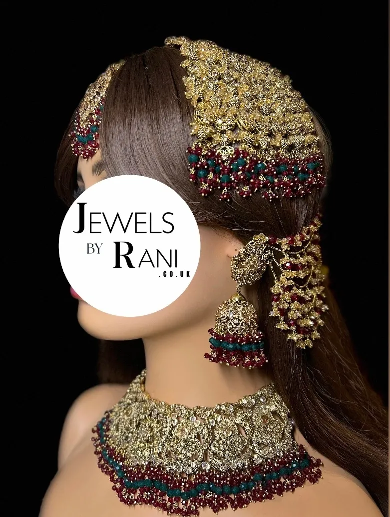 Maroon & Green 24 crt Gold Plated Bridal Jewellery Set - Jewelsbyrani