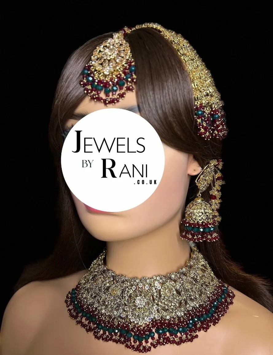 Maroon & Green 24 crt Gold Plated Bridal Jewellery Set - Jewelsbyrani
