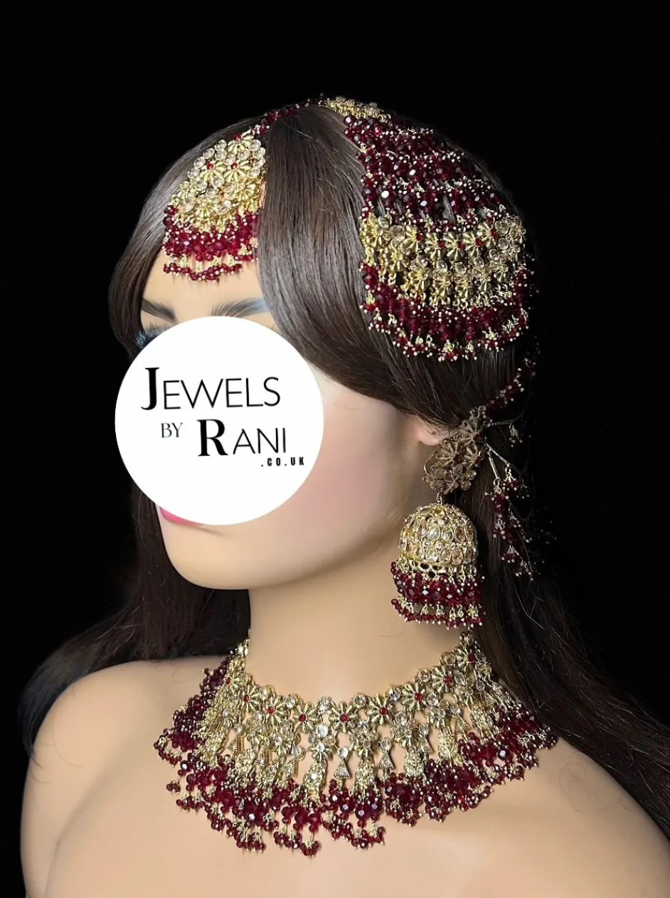 Beautiful Maroon 24 crt Gold Plated Bridal Jewellery Set - Jewelsbyrani