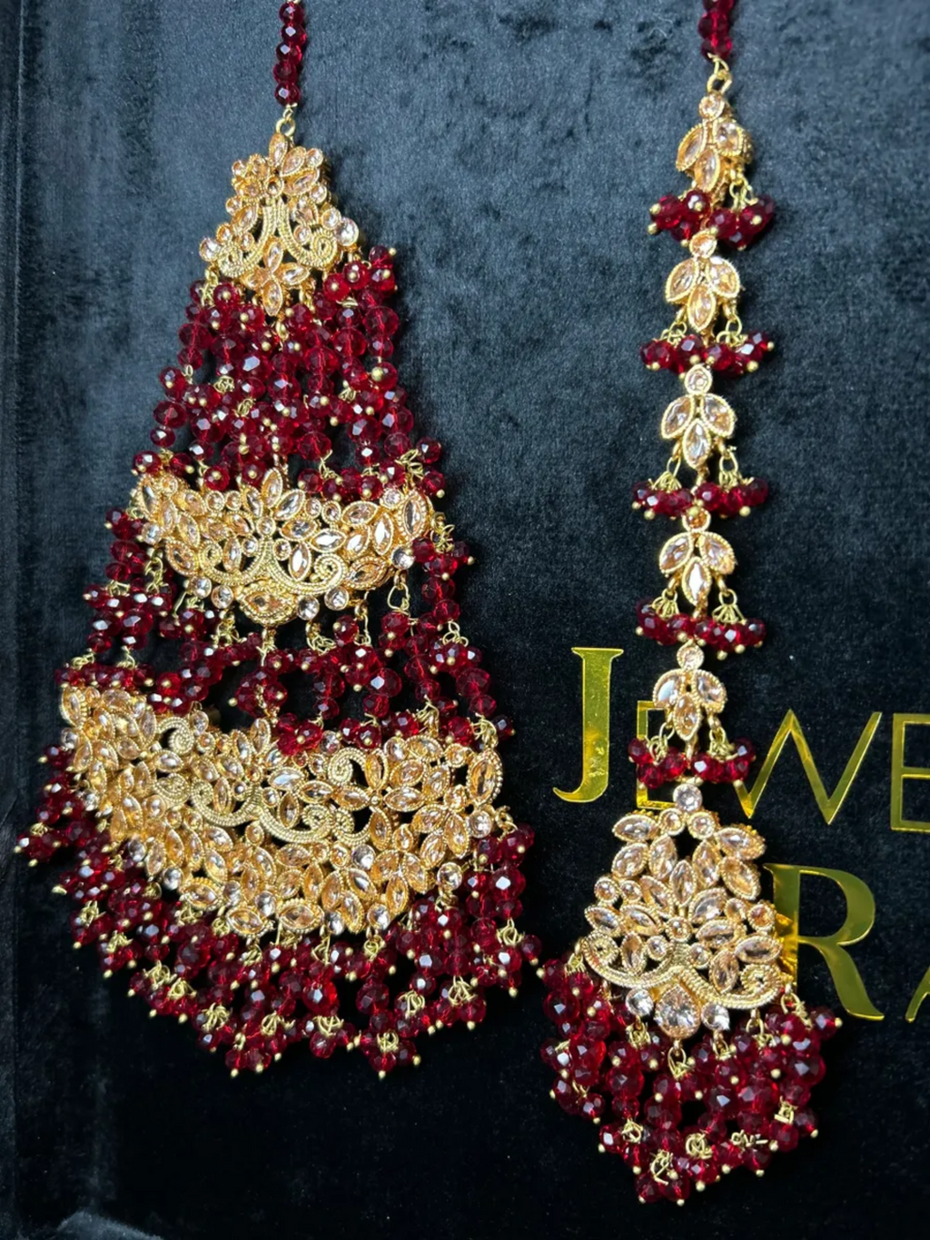 Bridal Gold & Deep Red Jhumar & Tikka Set - Jewelsbyrani