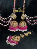 Hot Pink, White & Gold Jhumkes & Tikka - Jewelsbyrani