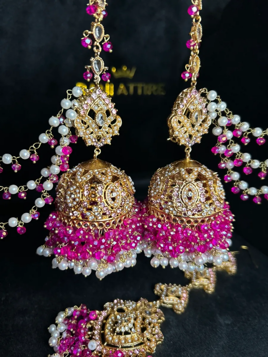 Hot Pink, White & Gold Jhumkes & Tikka - Jewelsbyrani