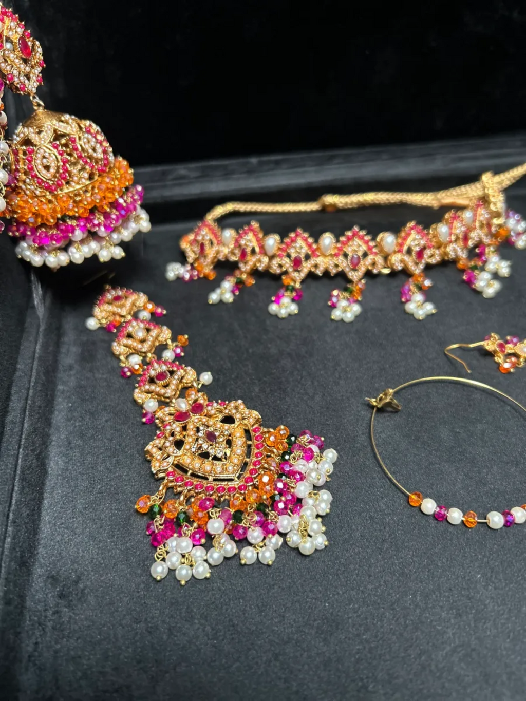 Mini Hot Pink, Green, Pearly & Gold Crystals Choker necklace set, with heavily beaded earrings & tikka - Jewelsbyrani