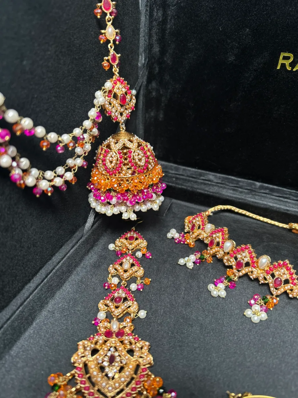 Mini Hot Pink, Green, Pearly & Gold Crystals Choker necklace set, with heavily beaded earrings & tikka - Jewelsbyrani