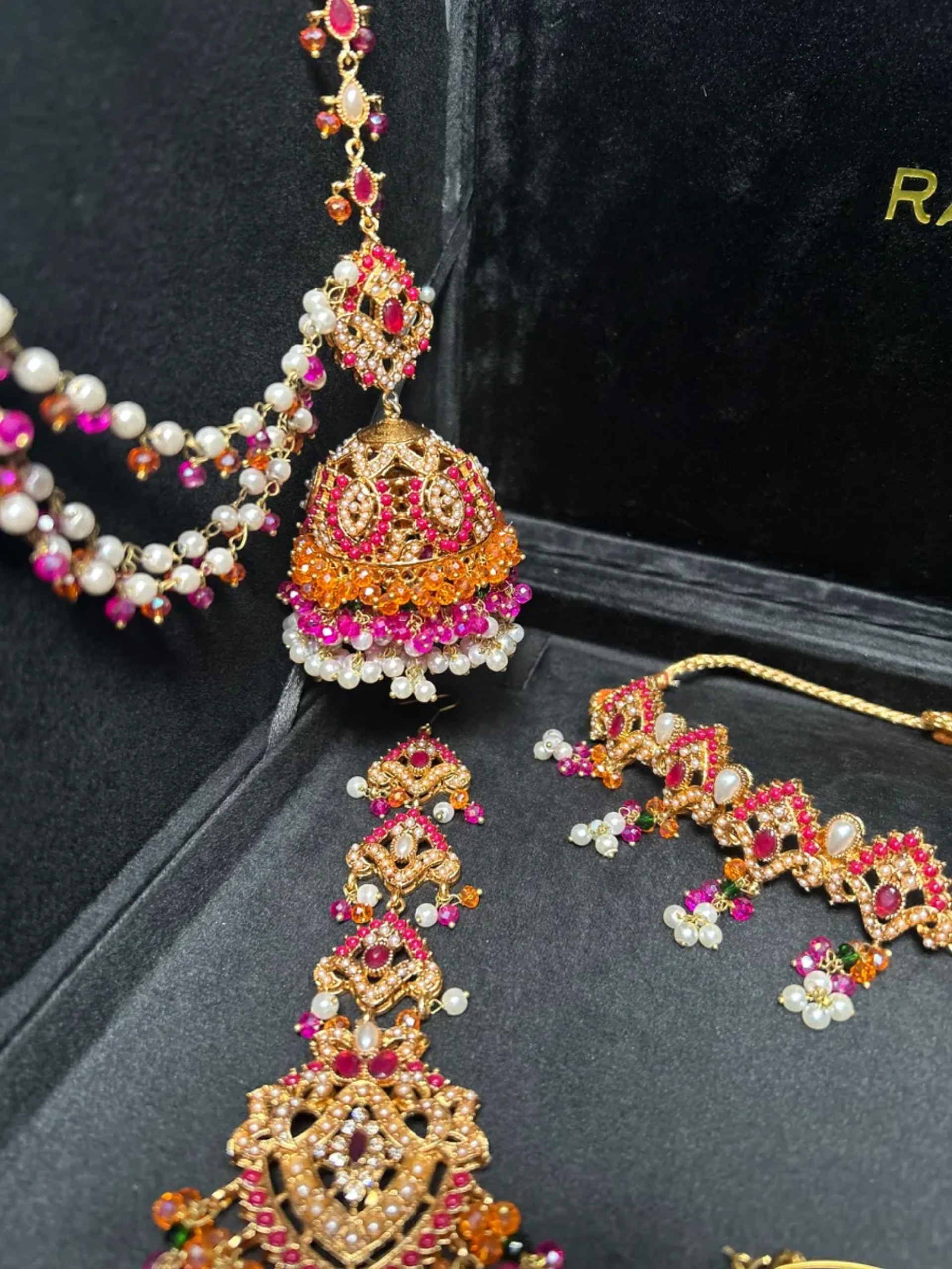 Mini Hot Pink, Green, Pearly & Gold Crystals Choker necklace set, with heavily beaded earrings & tikka