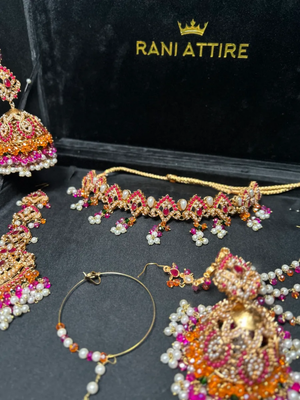 Mini Hot Pink, Green, Pearly & Gold Crystals Choker necklace set, with heavily beaded earrings & tikka - Jewelsbyrani