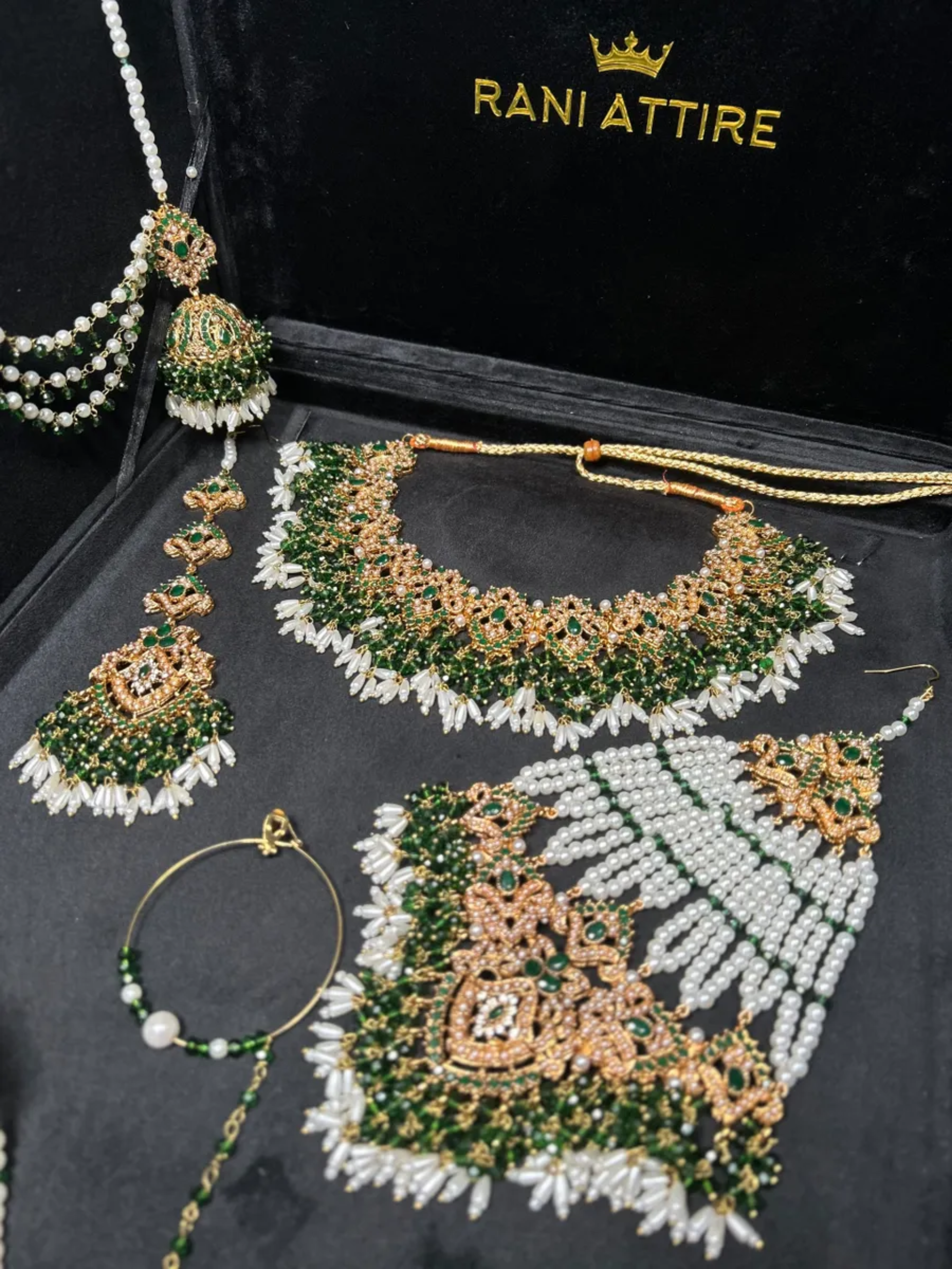 Beautiful Gold, White & Green Heavily Beaded Bridal Set - Jewelsbyrani