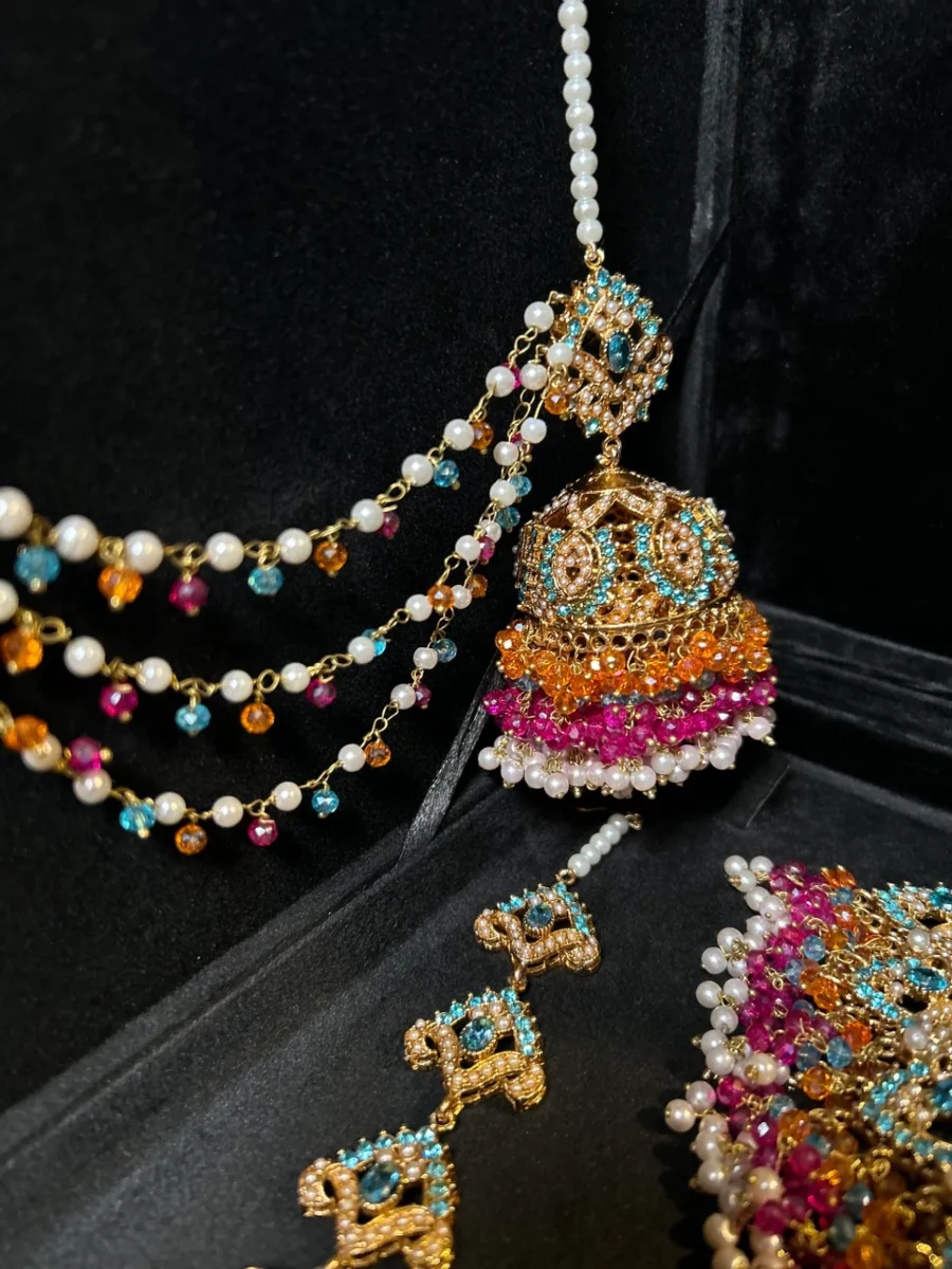 Multi Baby blue, Orange & Hot Pink coloured Mehndi necklace set, with heavily beaded Jhumkies & tikka | Gold Stones