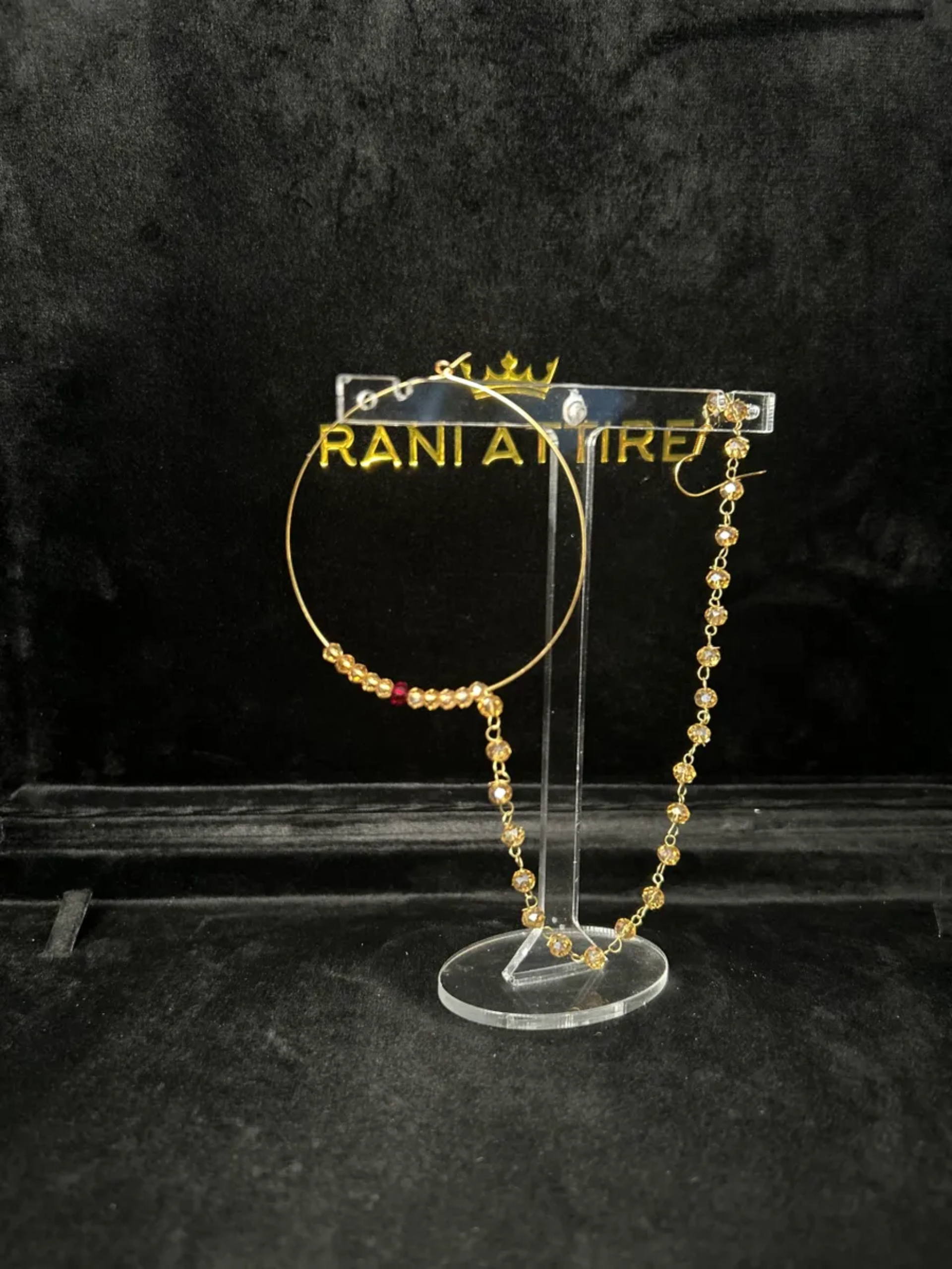 Bridal Gold & Maroon Beaded Bridal Nose Hoop/ Naath/ Nathli with Beaded Chain - Jewelsbyrani
