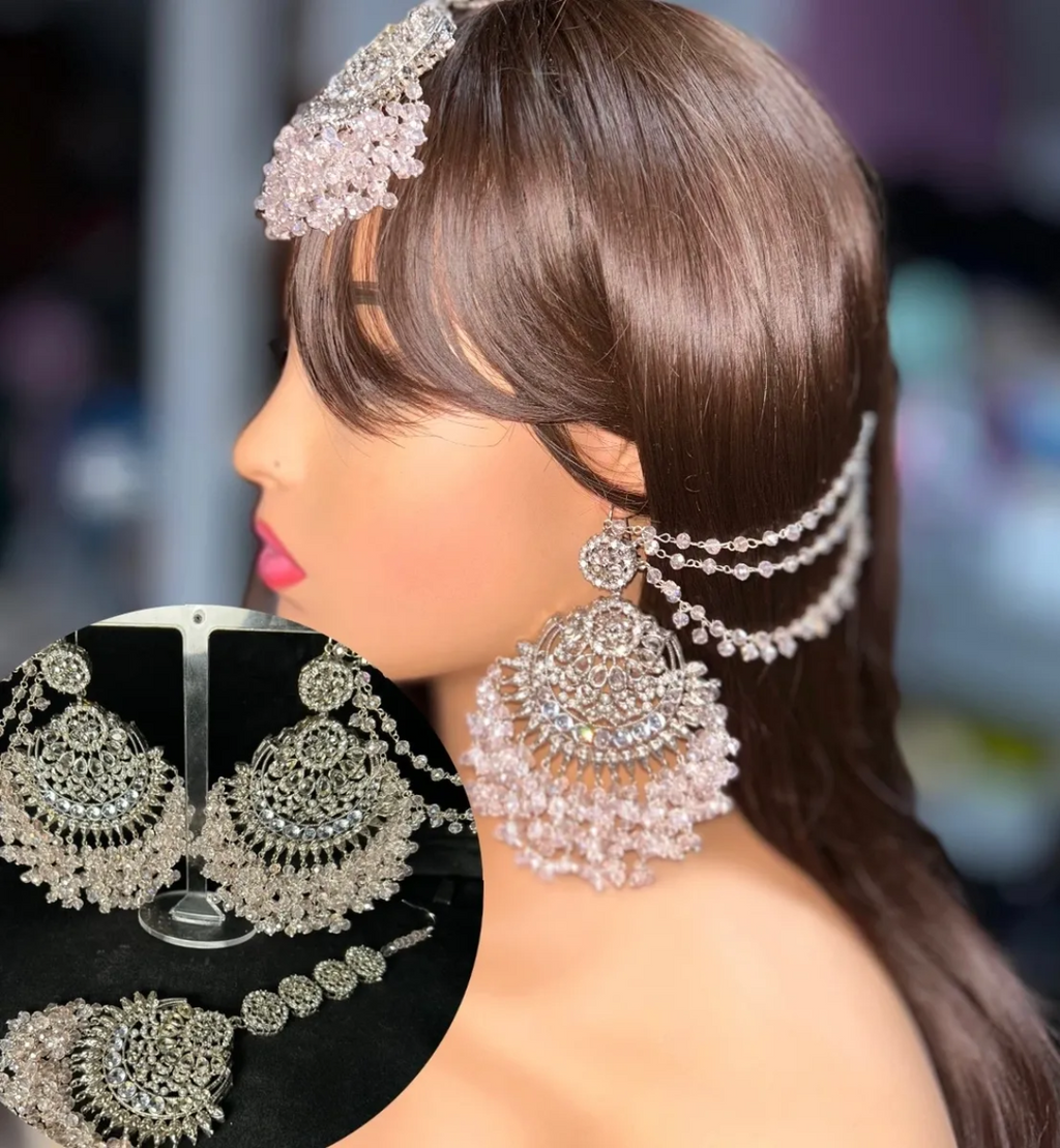 Baby Pink & Silver Beautiful Chandelier Earrings & Tikka | Silver stones - Jewelsbyrani