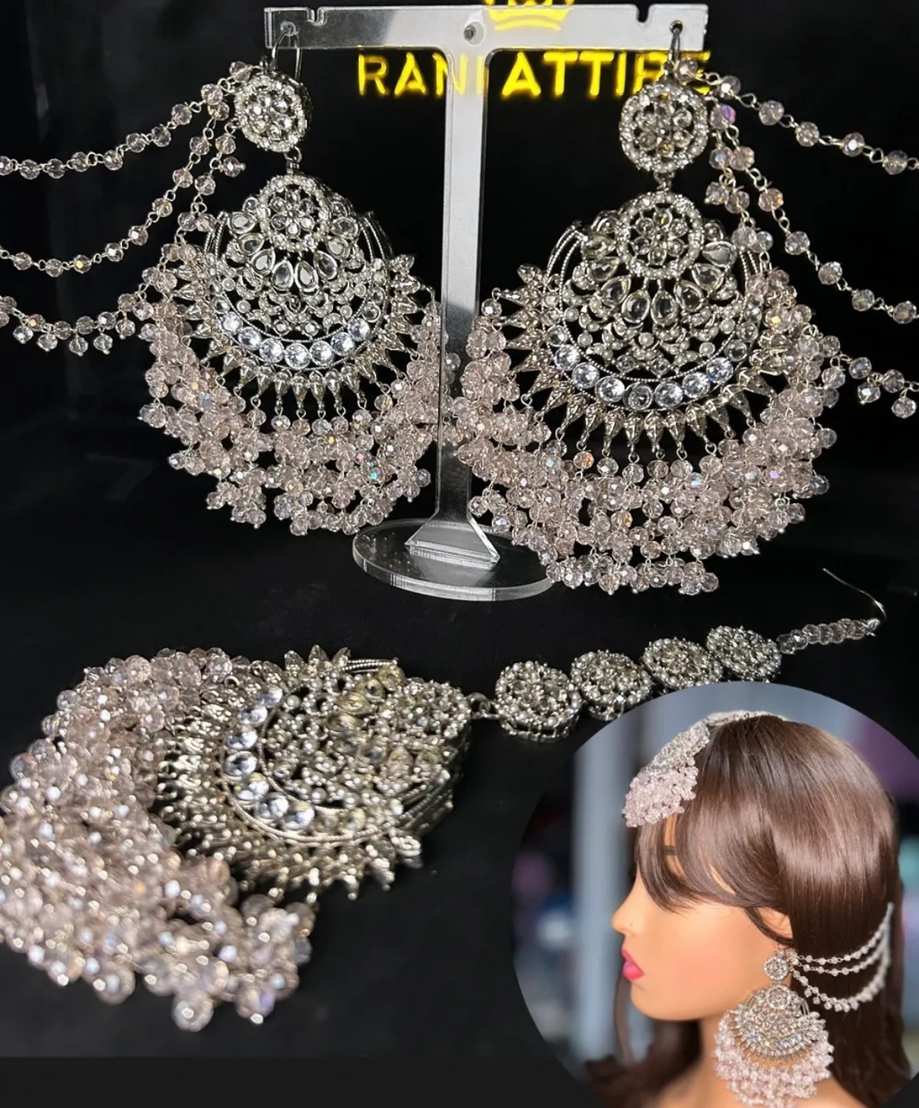 Baby Pink & Silver Beautiful Chandelier Earrings & Tikka | Silver stones - Jewelsbyrani
