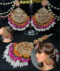 Multi Beautiful Chandelier Earrings & Tikka | Gold stones - Jewelsbyrani