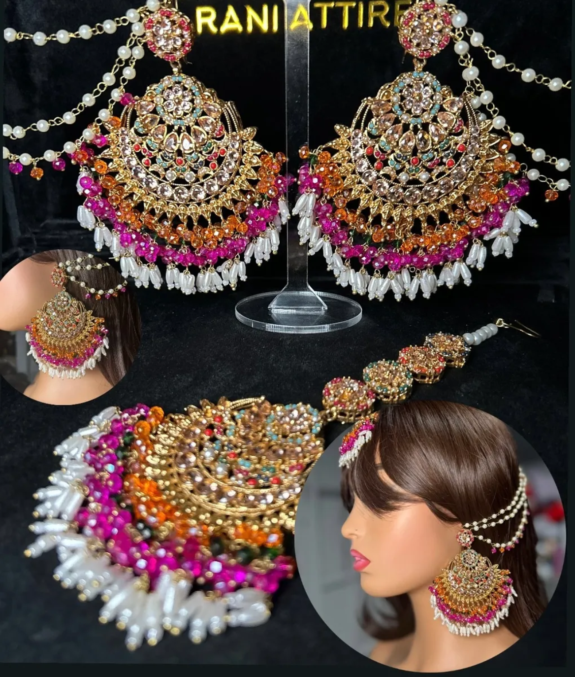 Multi Beautiful Chandelier Earrings & Tikka | Gold stones
