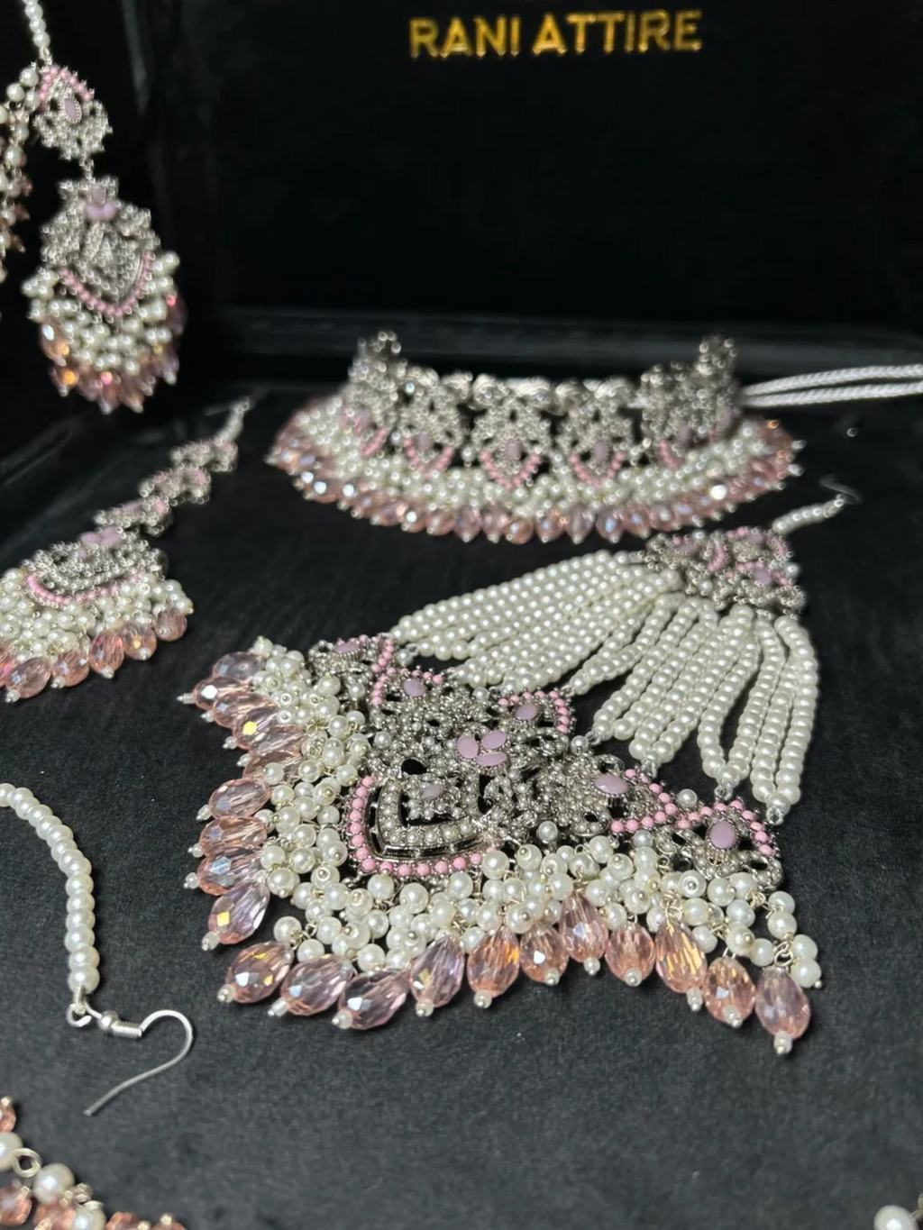 Baby Pink & Silver Choker necklace set, with heavily beaded earrings & tikka - Jewelsbyrani