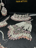 Baby Pink & Silver Choker necklace set, with heavily beaded earrings & tikka - Jewelsbyrani