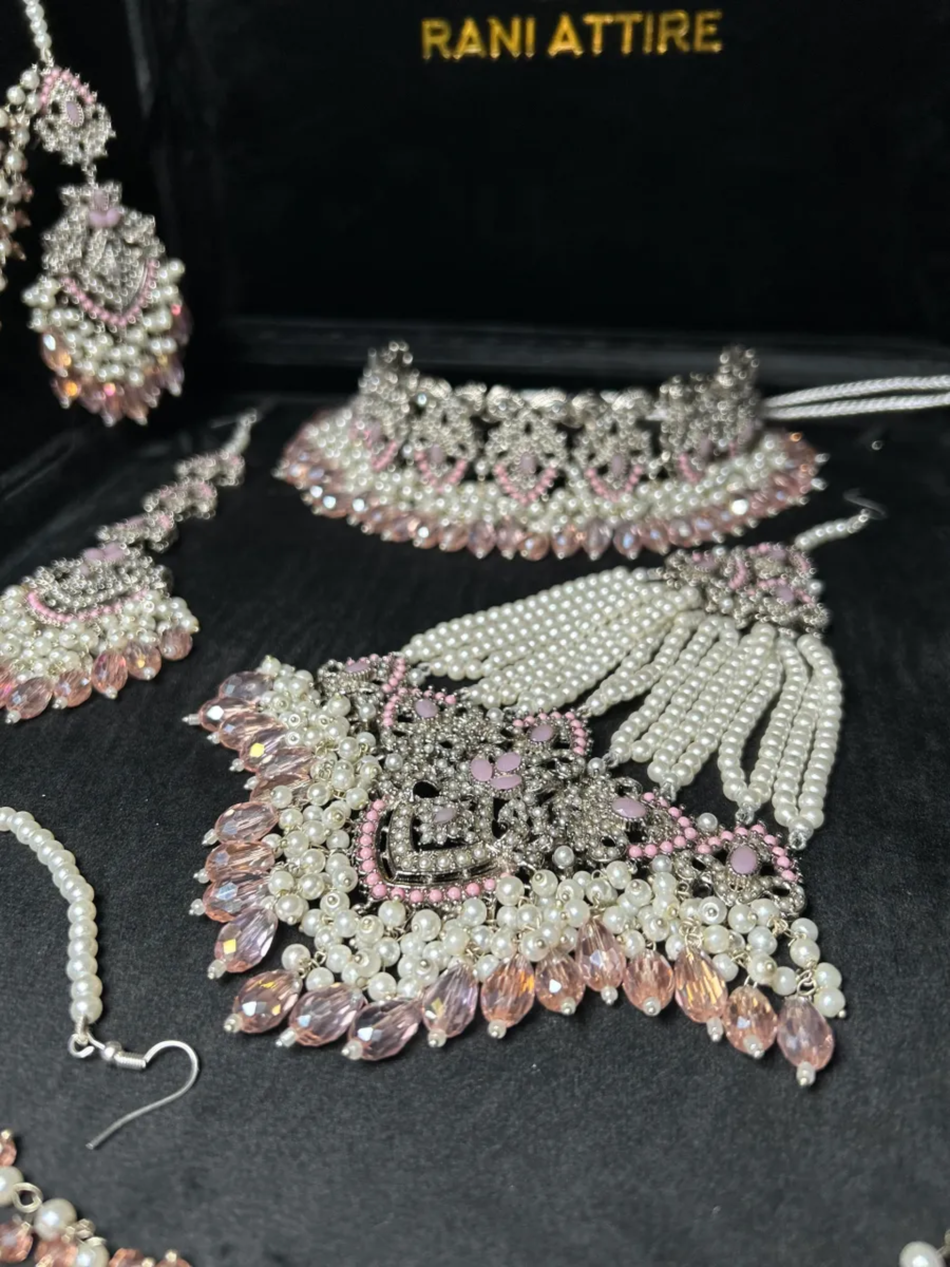 Baby Pink & Silver Choker necklace set, with heavily beaded earrings & tikka