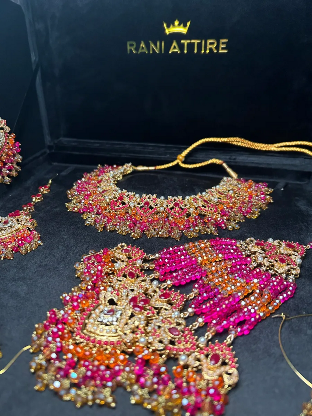 Hot Pink, Gold & Orange necklace set, with heavily beaded earrings & tikka - Jewelsbyrani