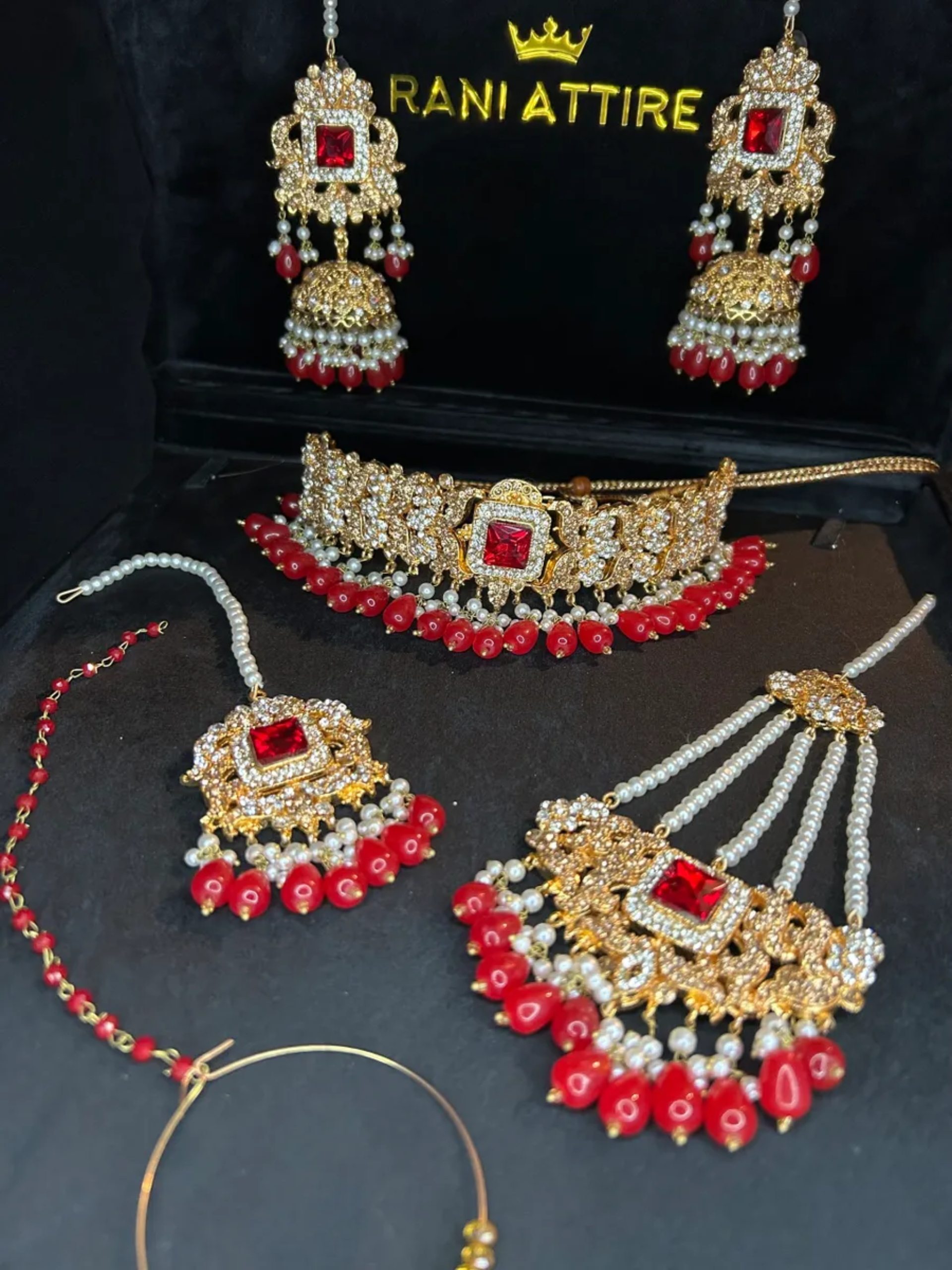 Red & Gold necklace set, with heavily beaded earrings & tikka.