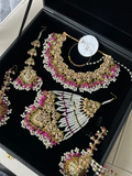Mehndi Set | Olive Green,White, Hot Pink & Gold Necklace set, with heavily beaded Jhumkies. - Jewelsbyrani