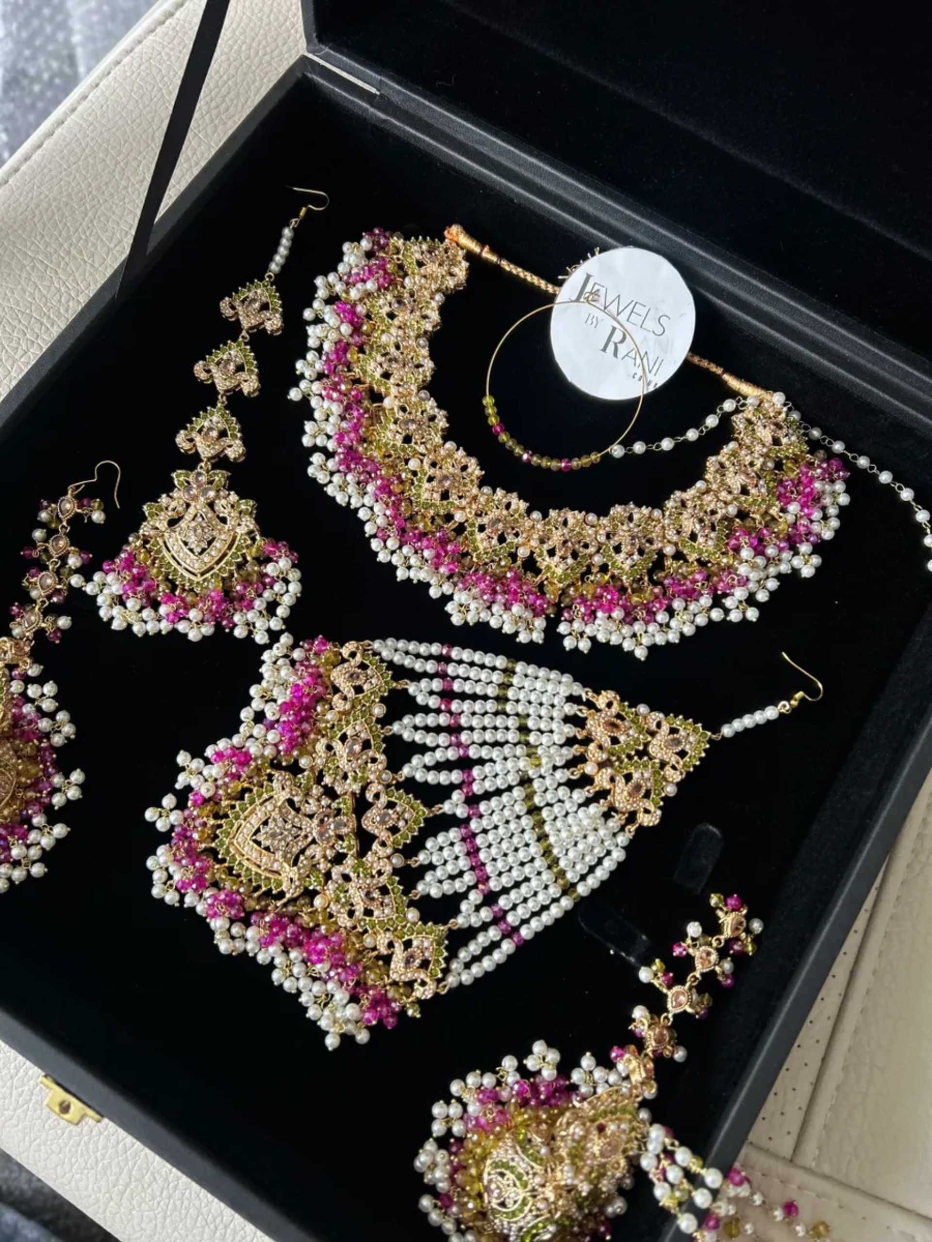 Mehndi Set | Olive Green,White, Hot Pink & Gold Necklace set, with heavily beaded Jhumkies. - Jewelsbyrani
