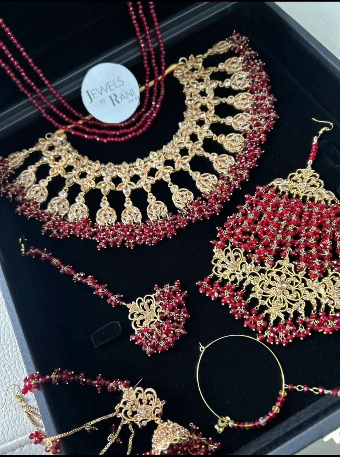 Full Pakistani Bridal - Set Deep Red Bridal Jewellery Set with Mala - Jewelsbyrani