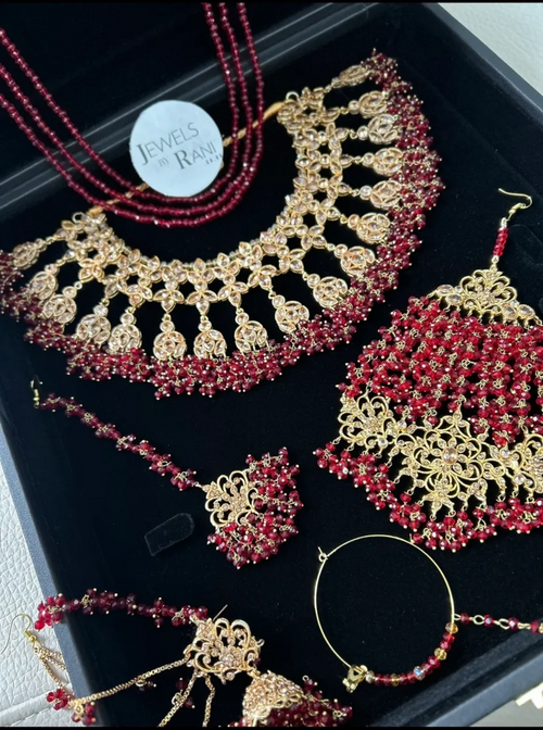 Full Pakistani Bridal - Set Deep Red Bridal Jewellery Set with Mala - Jewelsbyrani